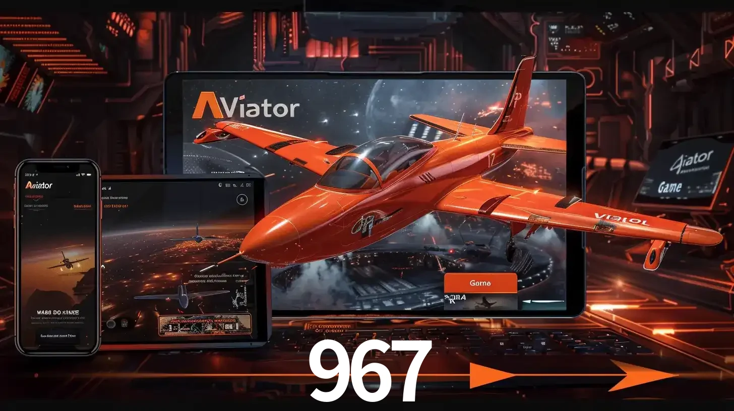 Apresentação tecnológica do jogo Aviator com um avião saindo da tela de um tablet, demonstrando a experiência imersiva em múltiplos dispositivos no 967.