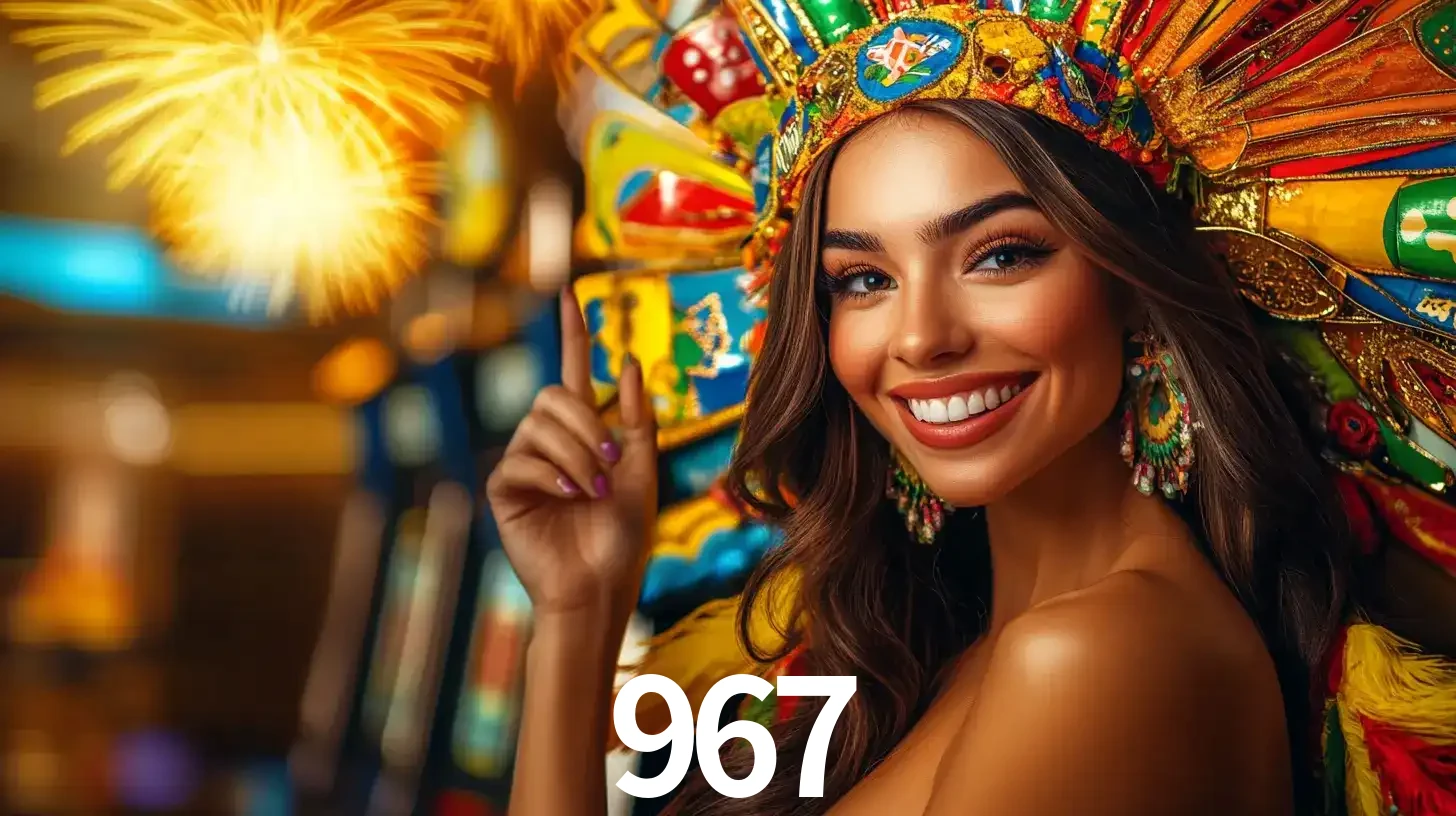 Mulher sorridente com um cocar de carnaval vibrante e colorido, celebrando uma grande vitória nos jogos do cassino 967 com fogos de artifício ao fundo.