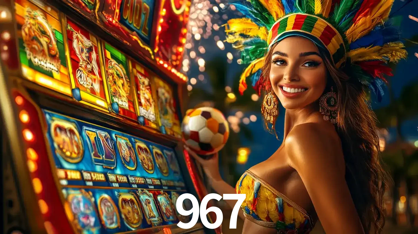Mulher com um cocar de carnaval ao lado de uma máquina de caça-níqueis enquanto segura uma bola de futebol, mostrando a união da diversão de cassino e esportes no 967.
