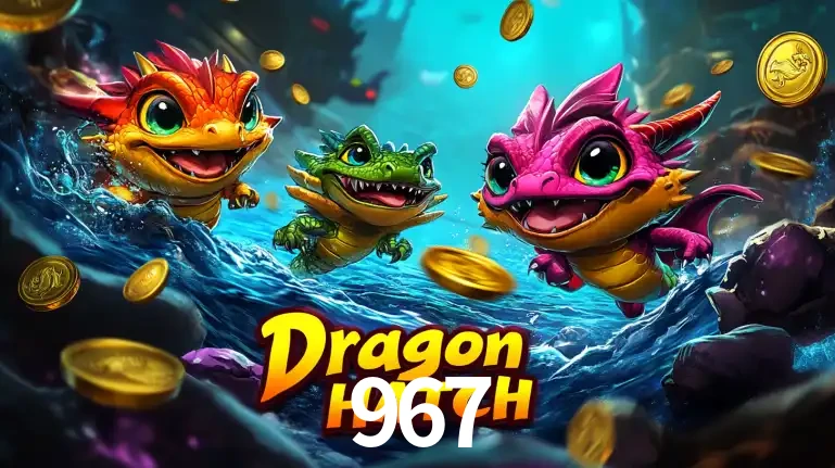 Arte promocional do jogo Dragon Hatch com três adoráveis dragões bebês nadando entre moedas de ouro, um dos slots mais divertidos para jogar no cassino 967.