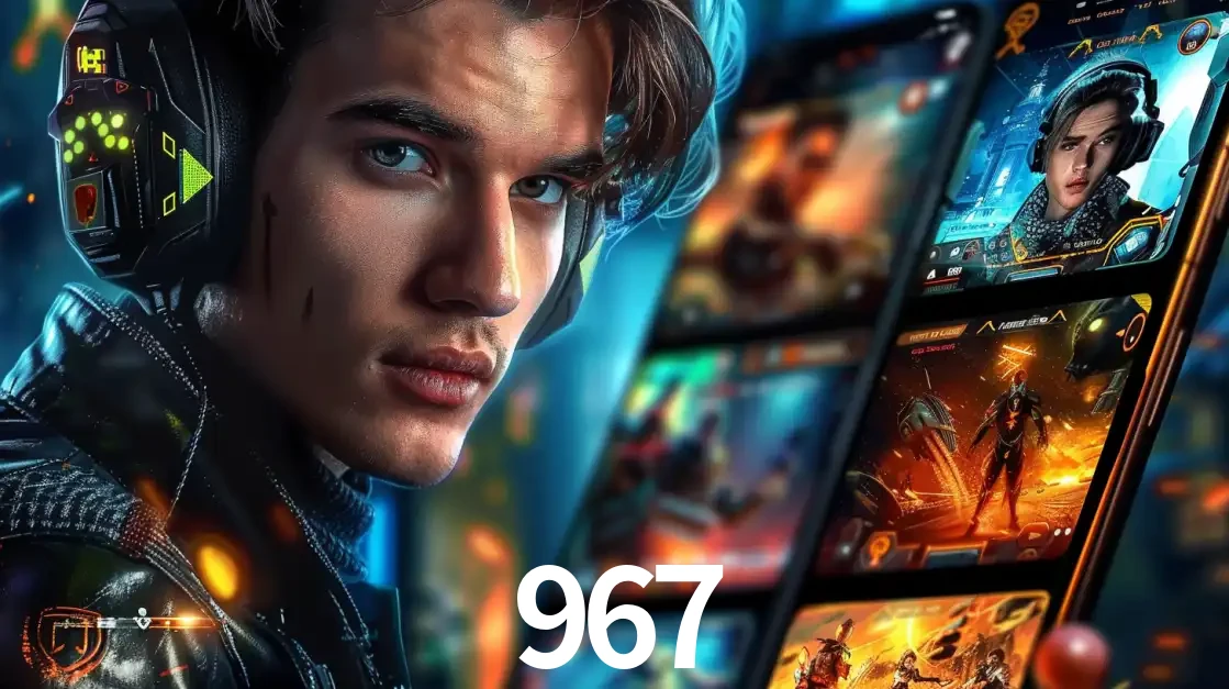Jovem jogador com fones de ouvido olhando para a câmera, com um aplicativo de jogos e e-sports para celular ao fundo, pronto para a competição e apostas no 967.