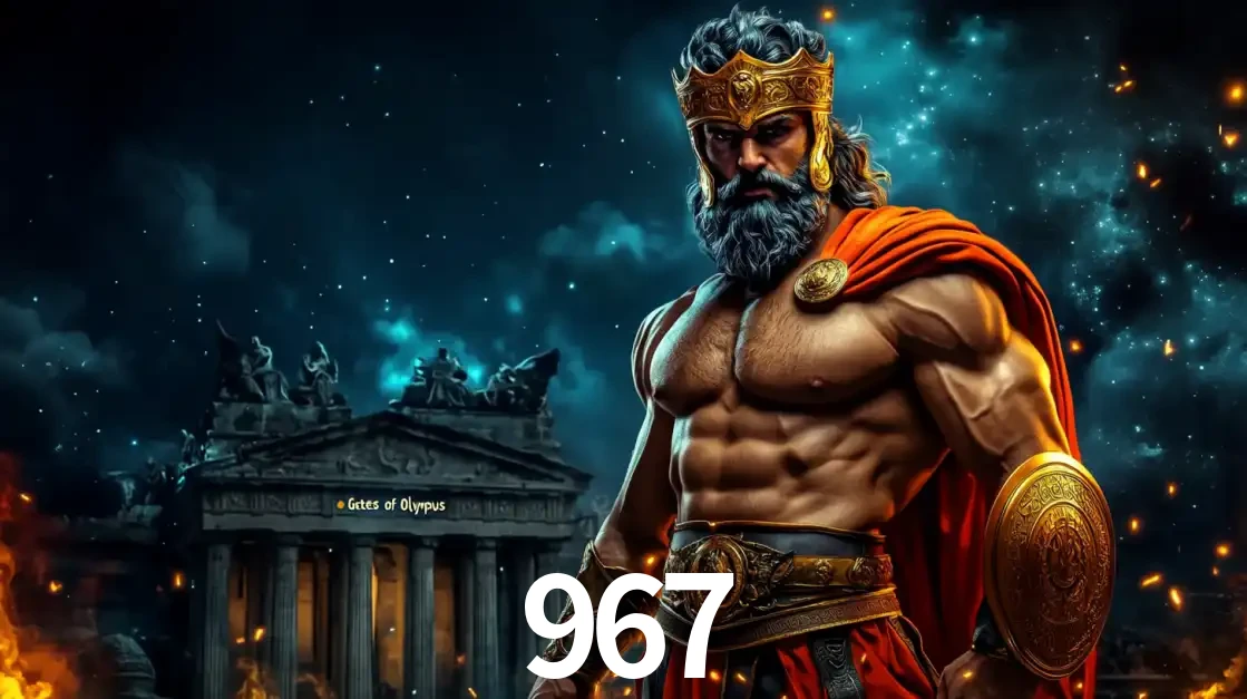 O poderoso Zeus do jogo de slot Gates of Olympus em frente ao seu templo, pronto para lançar multiplicadores divinos e prêmios épicos no cassino online 967.