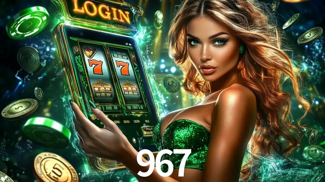 Mulher com tema verde apresentando o aplicativo do cassino 967 com um jogo de slot de 777, cercada por fichas de cassino e uma aura de sorte.