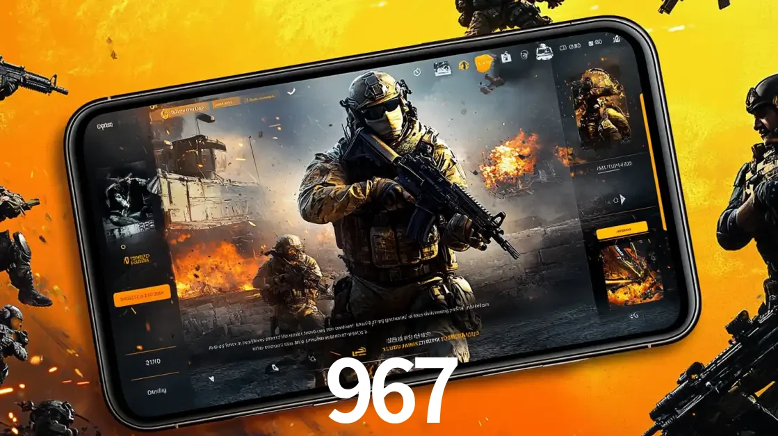 Um smartphone exibindo a interface de um jogo de tiro em primeira pessoa, com um soldado em um cenário de batalha, representando a ação dos e-sports para apostar no 967.