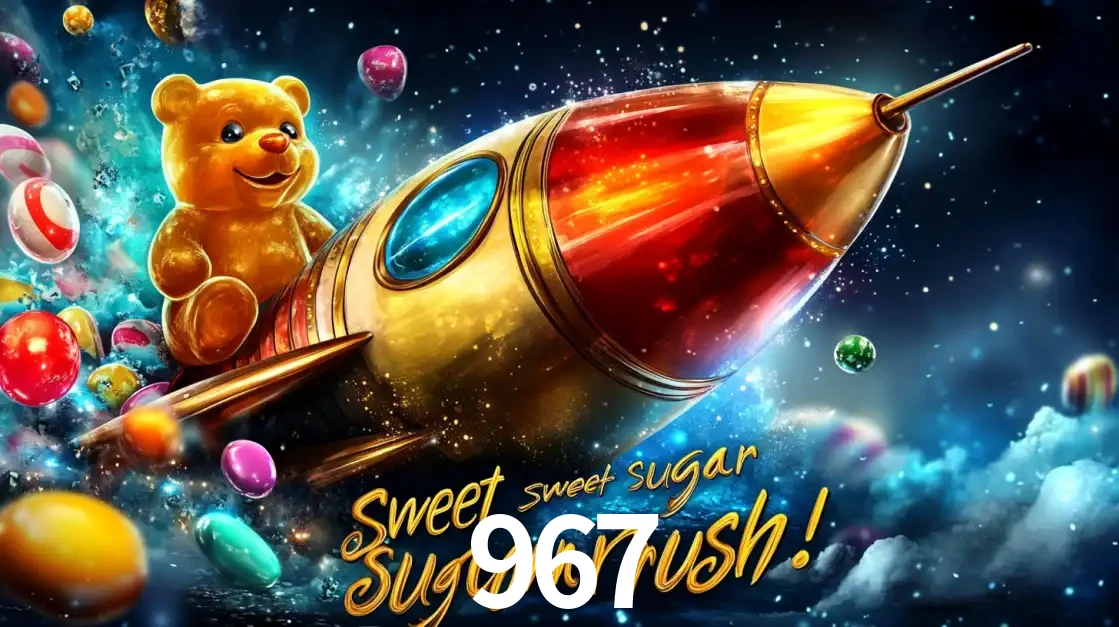 Arte promocional do jogo de slot Sugar Rush, com um urso de pelúcia em um foguete viajando pelo espaço de doces, um dos jogos divertidos disponíveis no cassino 967.