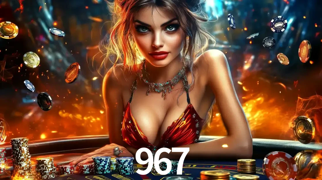 Mulher em uma mesa de cassino com pilhas de fichas e um fundo de fogo, pronta para uma rodada de altas apostas nos jogos de mesa emocionantes do cassino 967.