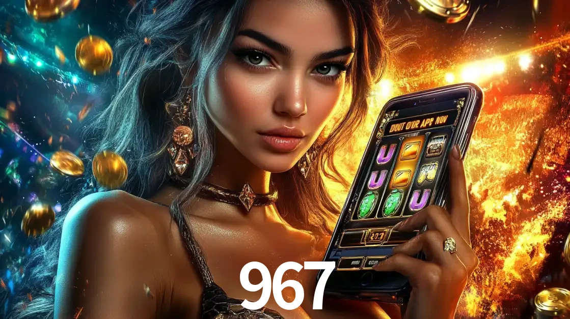 Mulher elegante mostrando um jogo de caça-níqueis em seu smartphone, destacando a experiência de cassino móvel oferecida pelo aplicativo 967.