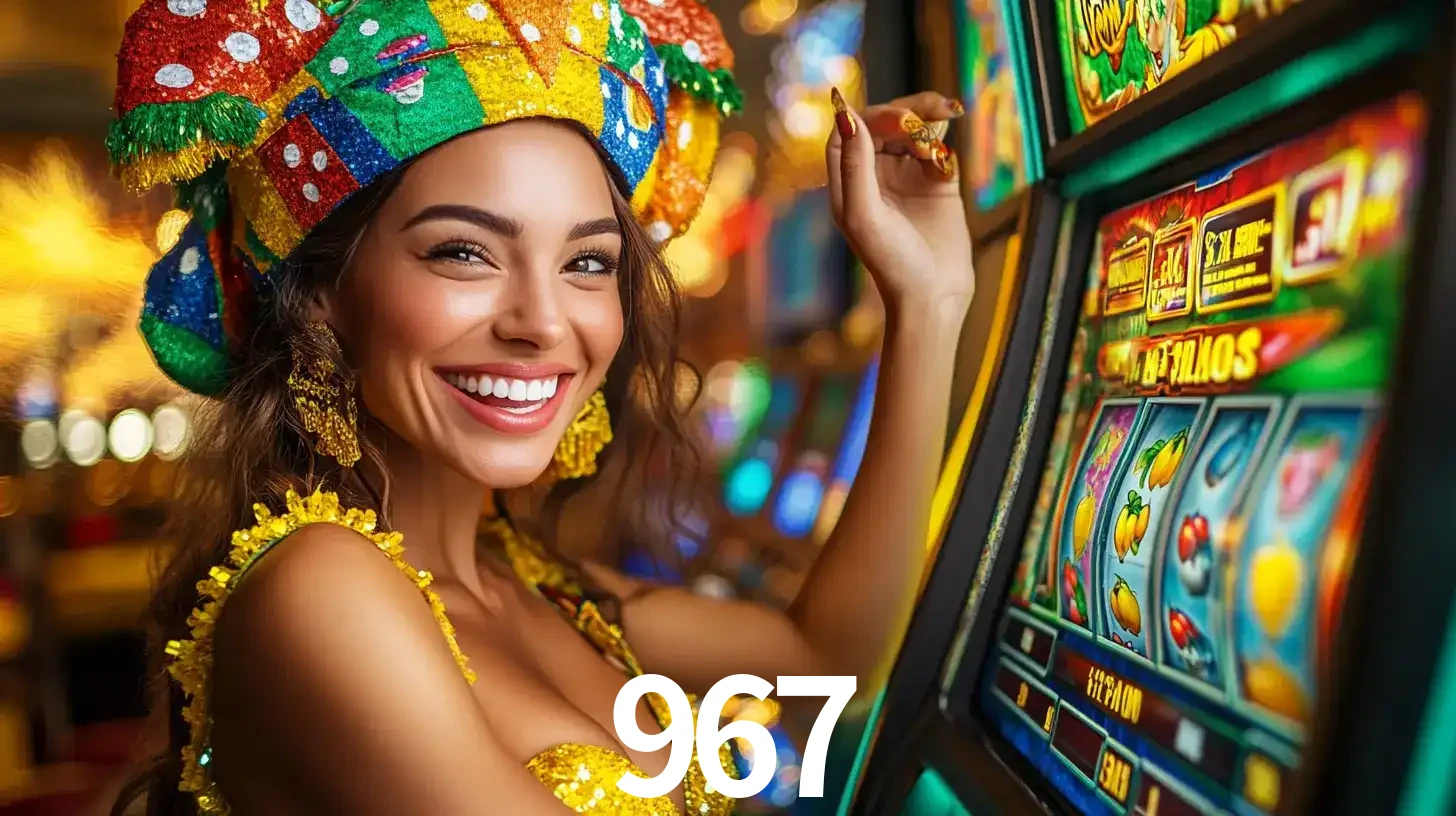 Mulher feliz com traje de carnaval amarelo e colorido ao lado de uma máquina de caça-níqueis, aproveitando a diversão e os jogos temáticos do cassino 967.