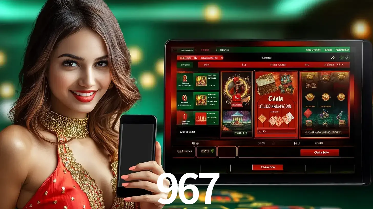 Mulher sorridente segurando um smartphone, ao lado de uma tela exibindo o lobby de jogos do cassino online 967, com várias opções de jogos de cartas e slots.